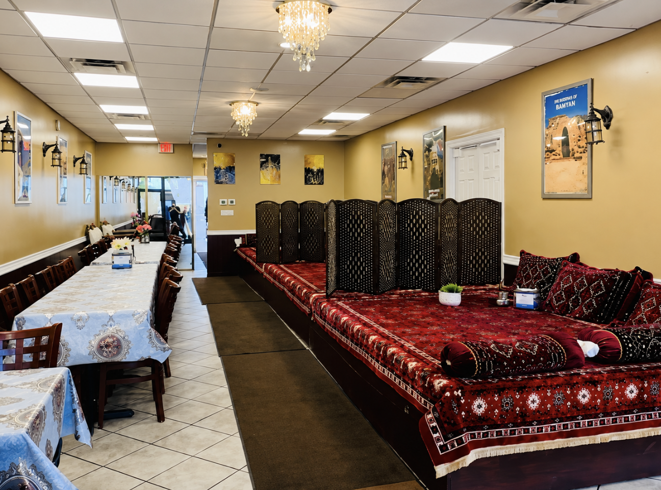 The dining room at Afghan House with traditional seating